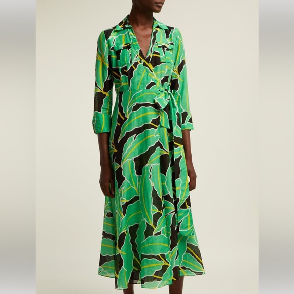 DIANE VON FURSTENBERG DVF Clarem Green Leaf Tropical Print Midi/Maxi Wrap Dress - Picture 8 of 12